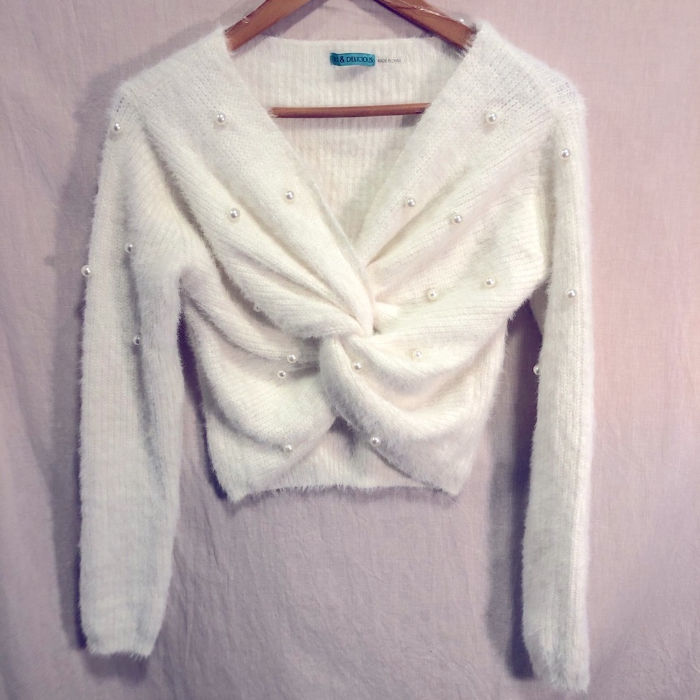White Knit Pearl Embellished Crop Sweater